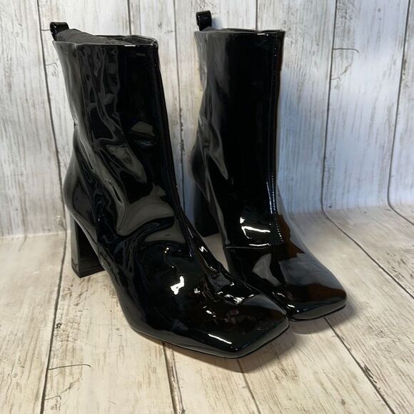 NEW Good American Black Patent Leather Booties Womens Size 8 in Box Square Toe - Picture 1 of 8